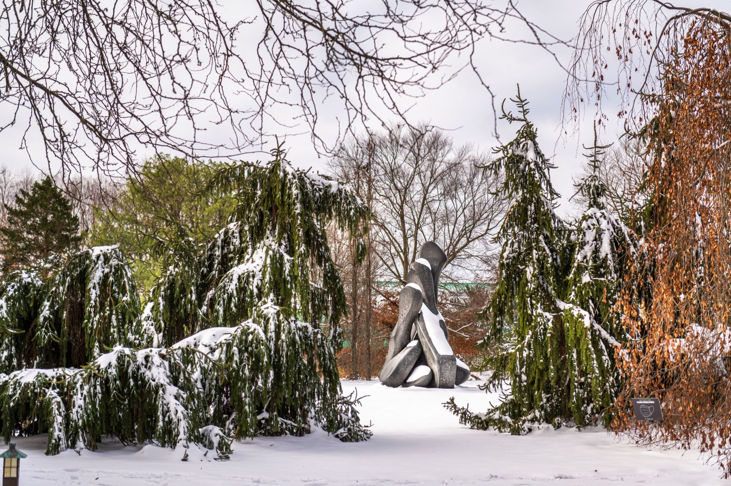 Snow covered evergreens stand on either side of 'Garden State.'
