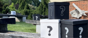 A stack of black and white mystery boxes creatively placed on the grounds. 