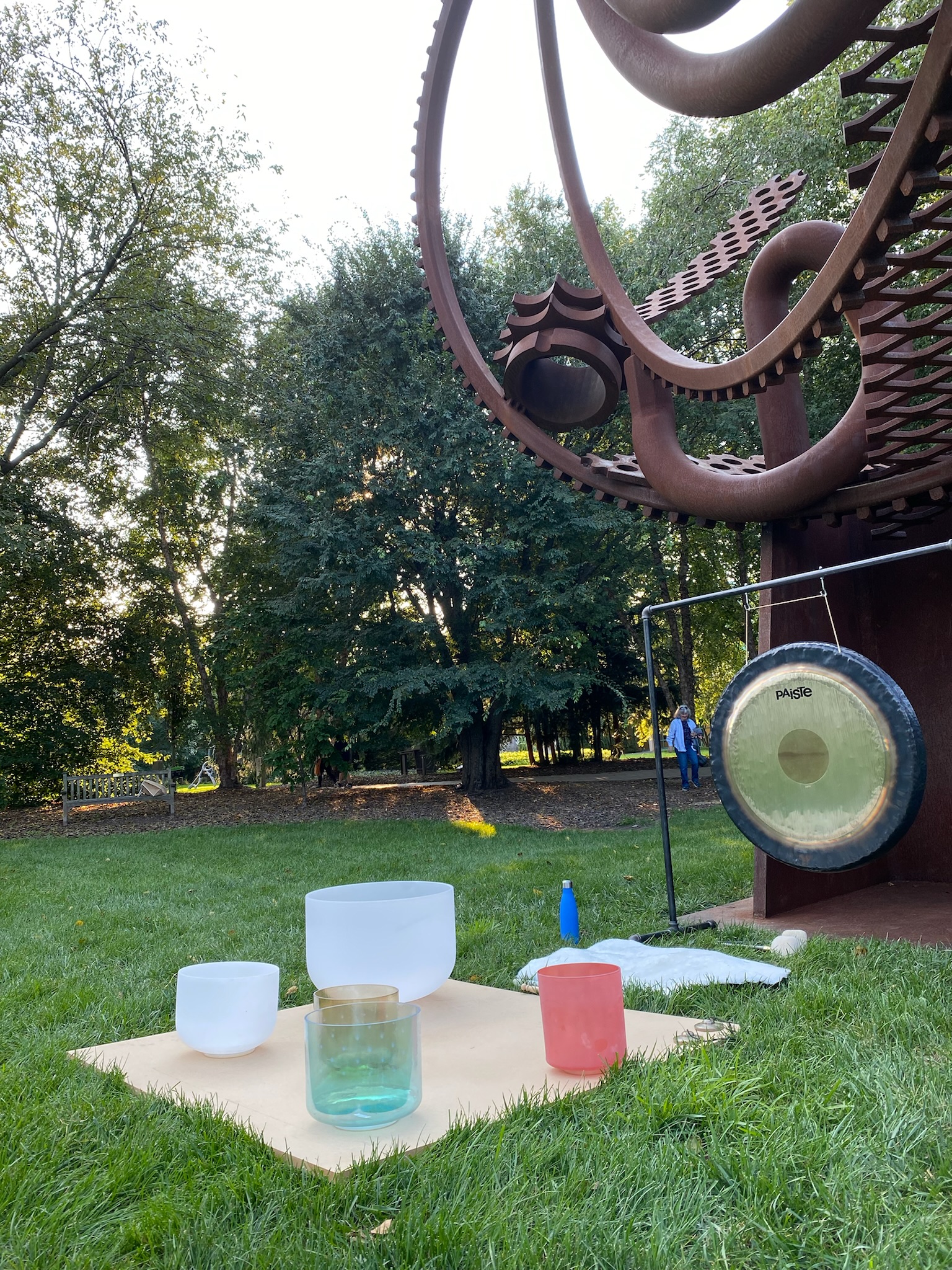 Five different sized bowls and a gong sit in the grass next to 'Harp of David #1,' in preparation for a sound bath.