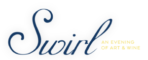 Large blue cursive script that says Swirl. In smaller yellow text next to it says An Evening of Art and Wine.