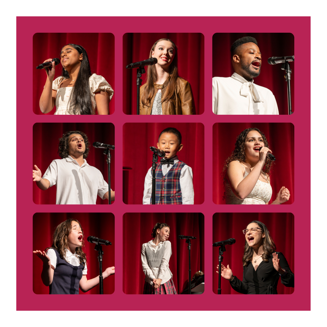 Photos of young teens performing arranged in a three by three grid on a red background.