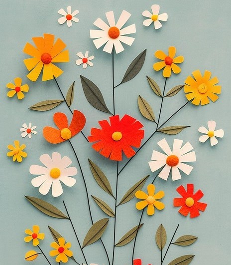 Yellow, white, and red flowers made of paper.