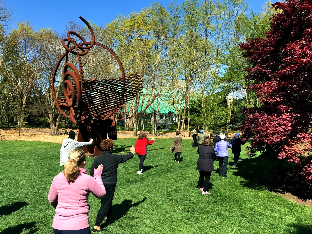 A group of people doing Tai Chi outdoors next to 'Harp of David #1.'