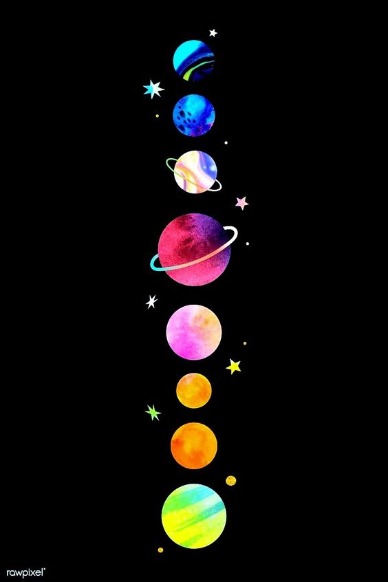 Eight planets lined up in a vertical row, each a different color.