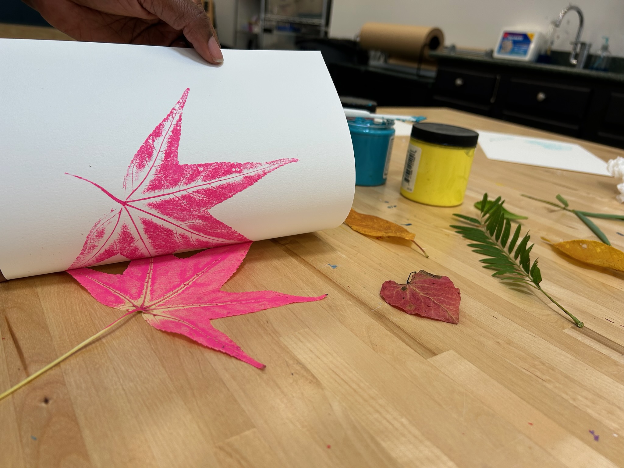 A piece of paper lifting to reveal a pink leaf print and the leaf covered in pink paint.