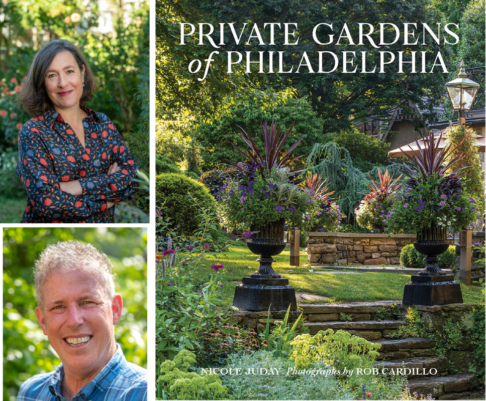 A flyer for the Private Gardens of Philadelphia Talk. There are headshots of the speakers and a photo of a lush green garden.