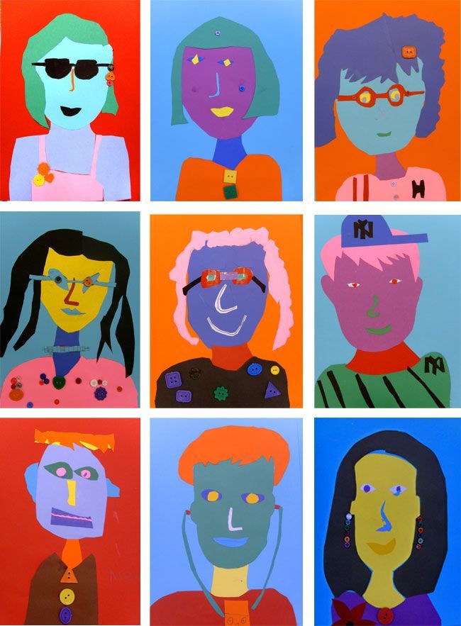 A three by three set of colorful paper self portraits.