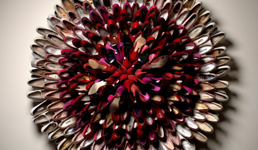 Pretty in Pink by Willie Cole. Hung on a wall, it is a sculpture made up of circles of red, white, and pink high heels.