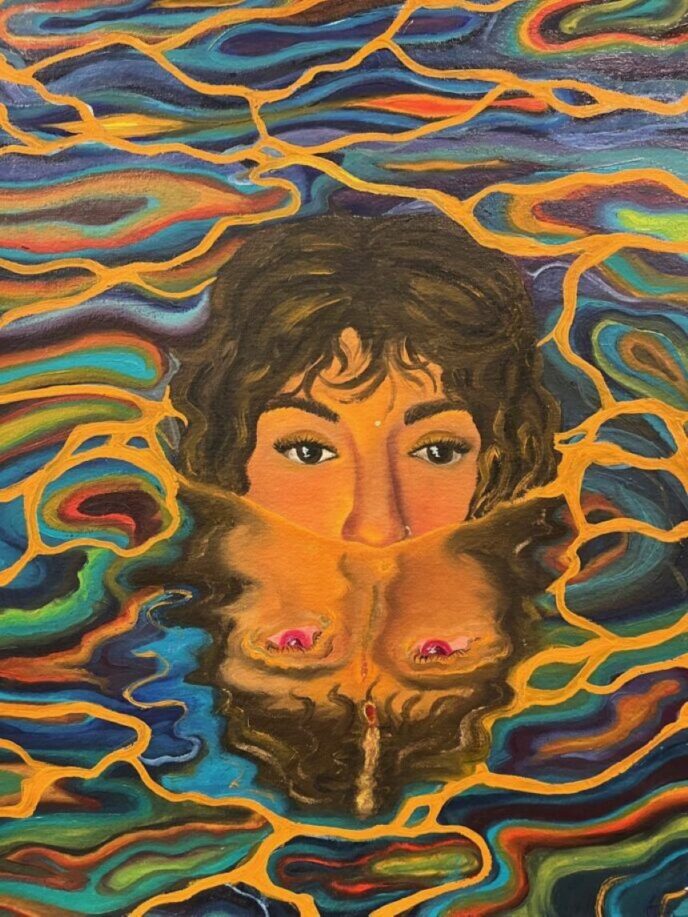 An oil painting of a woman's face emerging from water striped with vibrant colors. Her face is reflected below her.