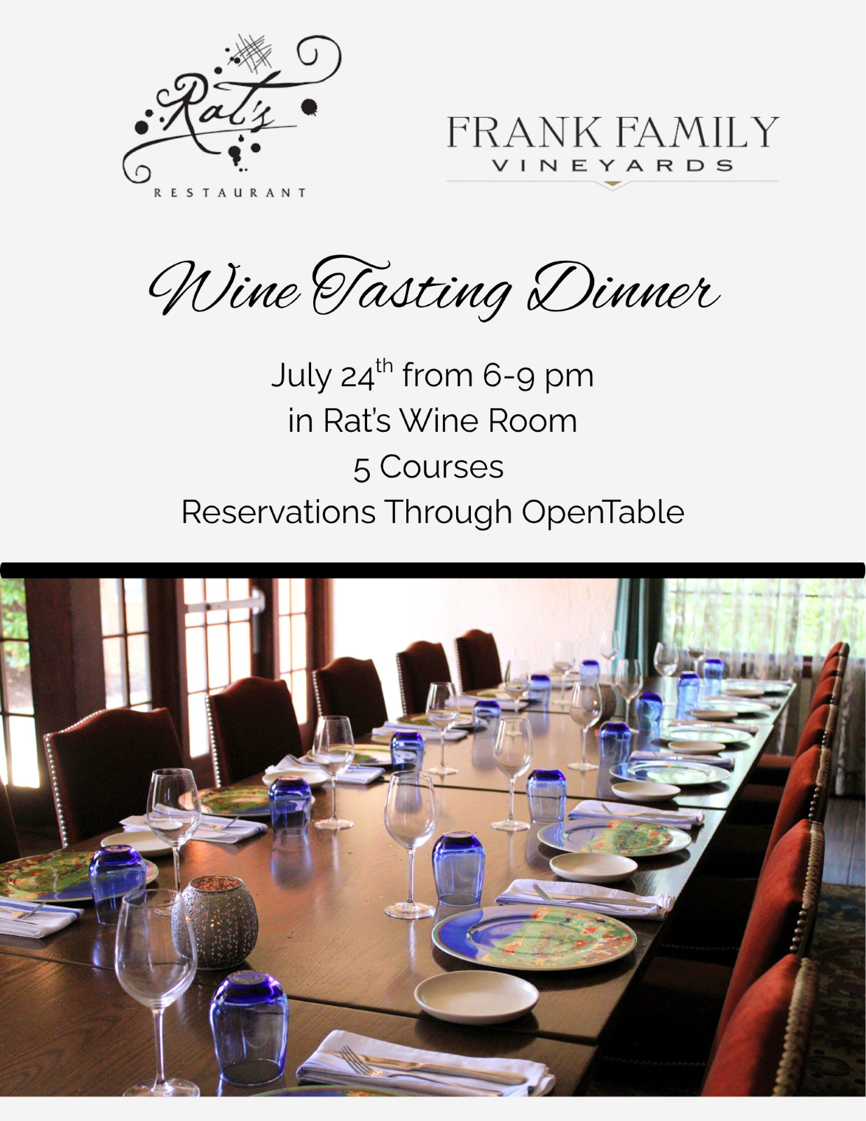 A flyer for the Wine Tasting Dinner at Rat's Restaurant.