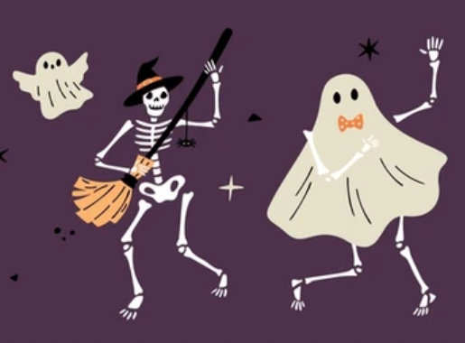 Two ghosts and a skeleton dancing on a purple background.