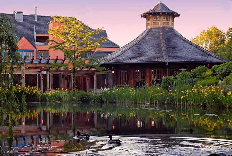 The exterior of the Pavilion at Rat's Restaurant, next to the pond.